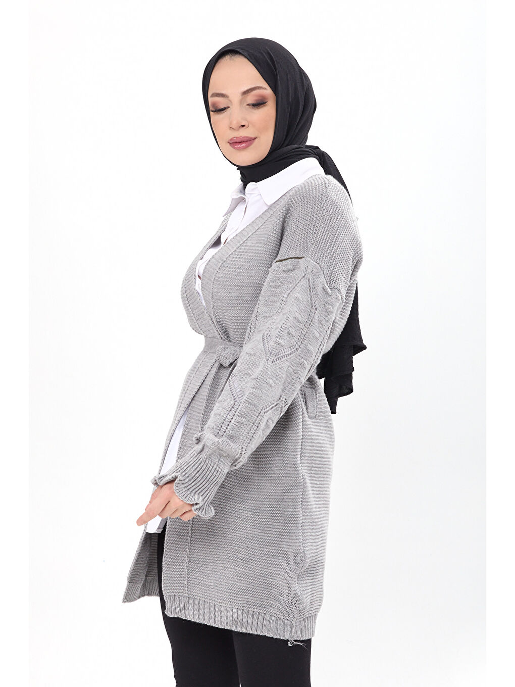 Kemerli Kolu İşlemeli Triko Hırka Gri - 27631-2