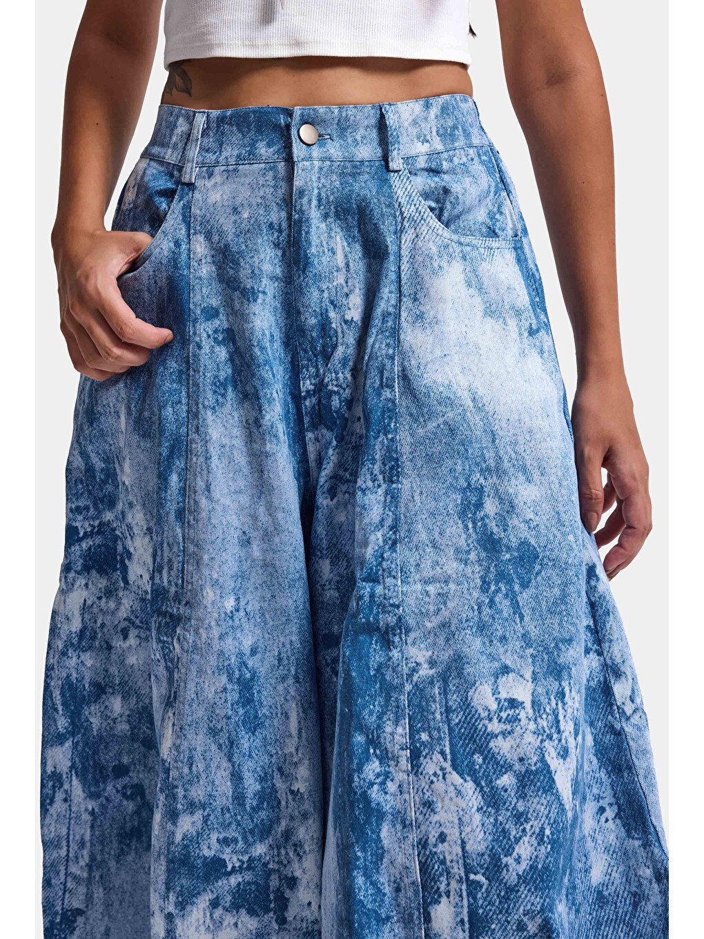 Kadın Mavi Baggy Fit Özel Kumaş Tasarım Pantolon-3