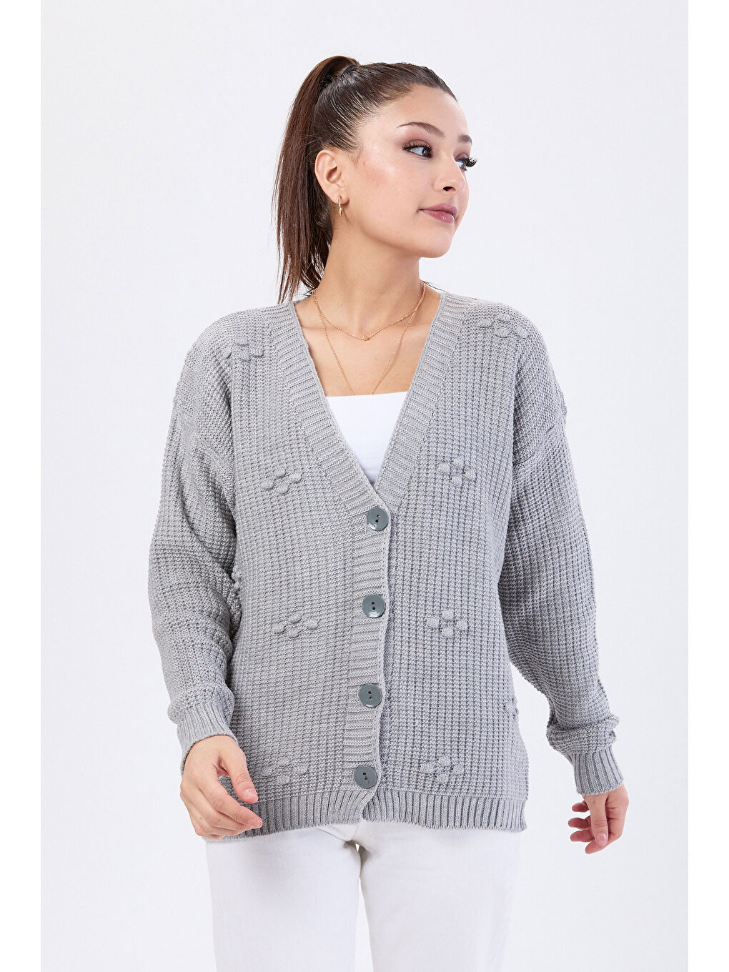 Kabarcıklı Düğmeli Triko Hırka Gri - 27658-1