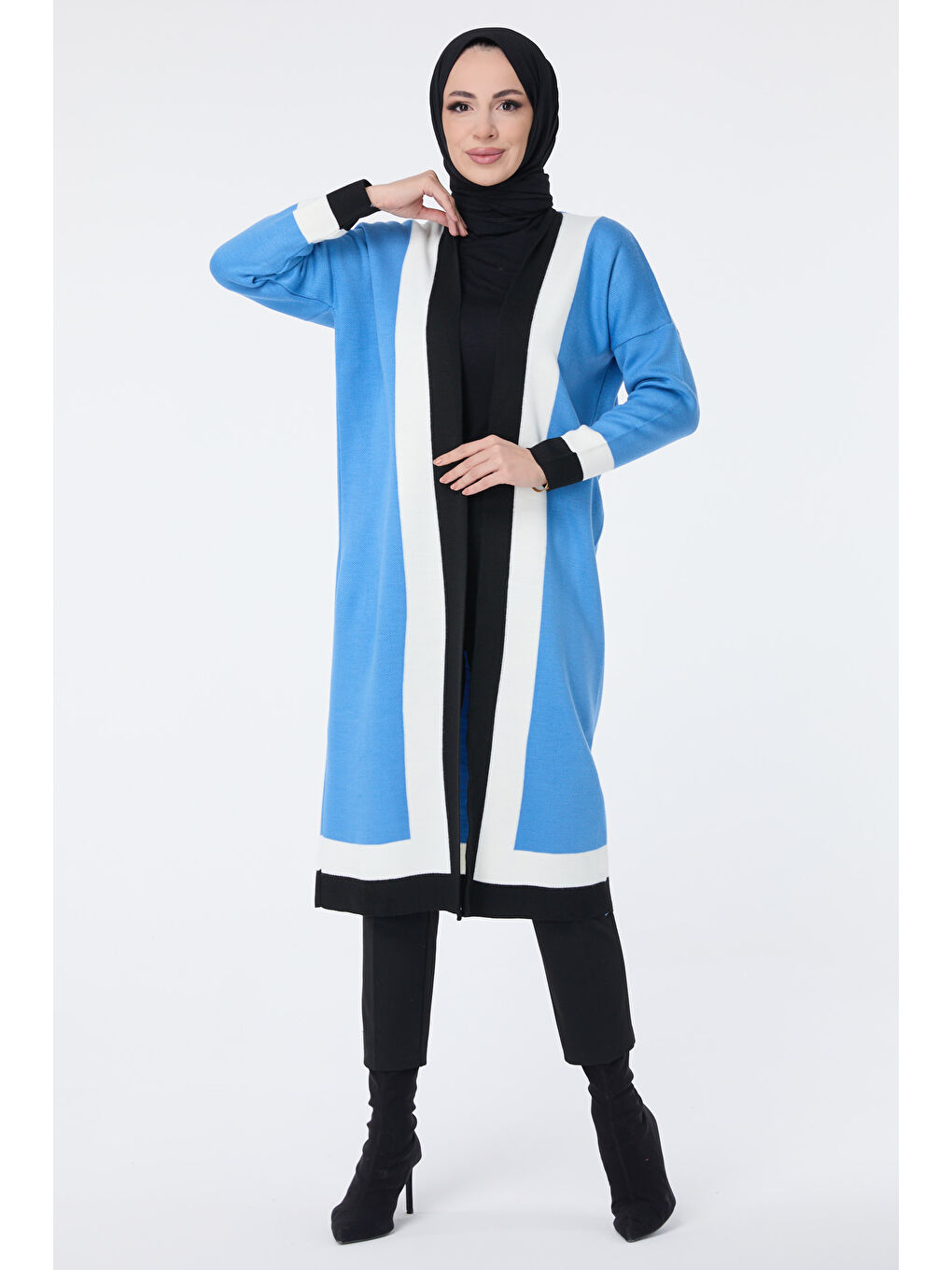 Şerit Detaylı Triko Uzun Hırka Mavi - 27625-1