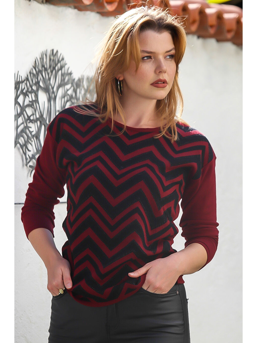 Bordo Kayık Yaka Uzun Kol Zigzag Desenli Casual Triko Kazak 65 60