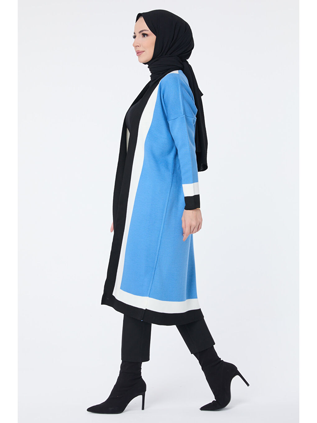 Şerit Detaylı Triko Uzun Hırka Mavi - 27625-2