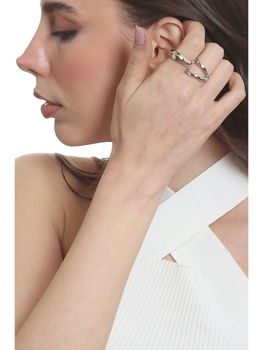 Gri Kadın İki Parmak Tasarım Yüzük-4