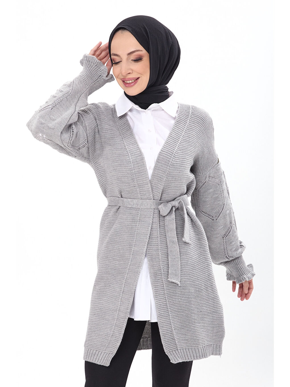 Kemerli Kolu İşlemeli Triko Hırka Gri - 27631-3