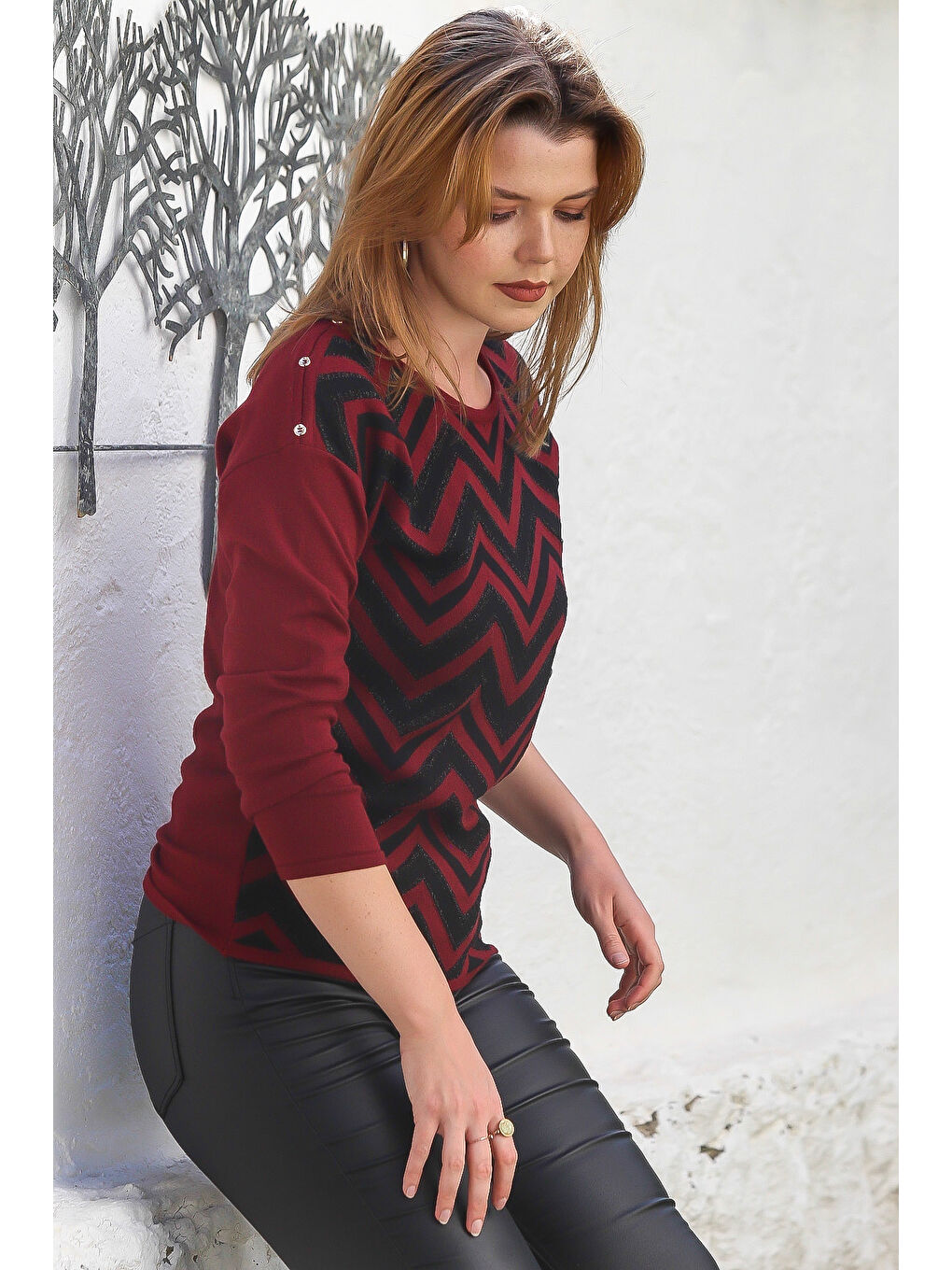 Bordo Kayık Yaka Uzun Kol Zigzag Desenli Casual Triko Kazak 65 60-1