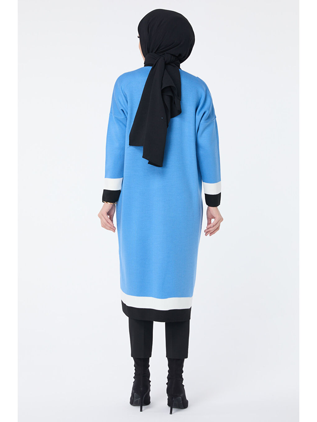 Şerit Detaylı Triko Uzun Hırka Mavi - 27625-3