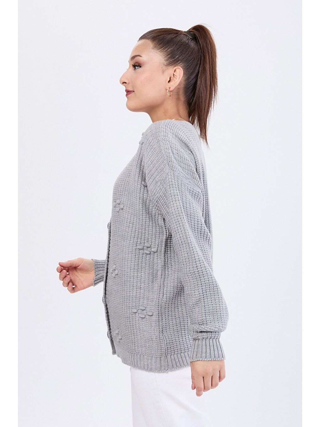 Kabarcıklı Düğmeli Triko Hırka Gri - 27658-2
