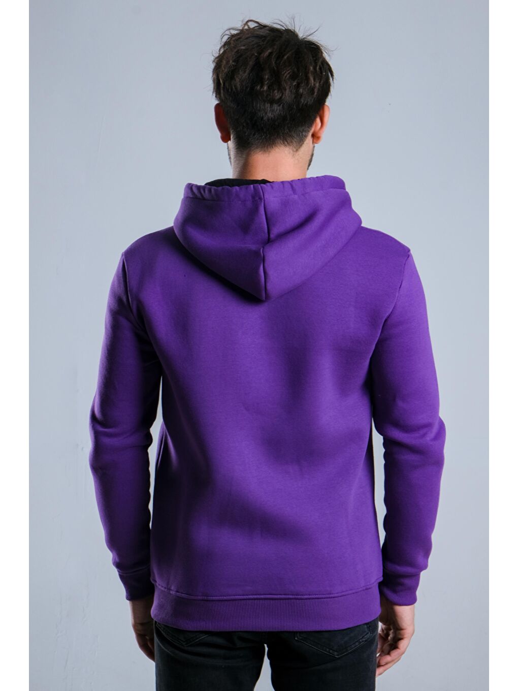 Mor Kapüşonlu Şardonlu Erkek Fermuarlı Sweatshirt Hırka 3 İp Düz  JS C-51-6