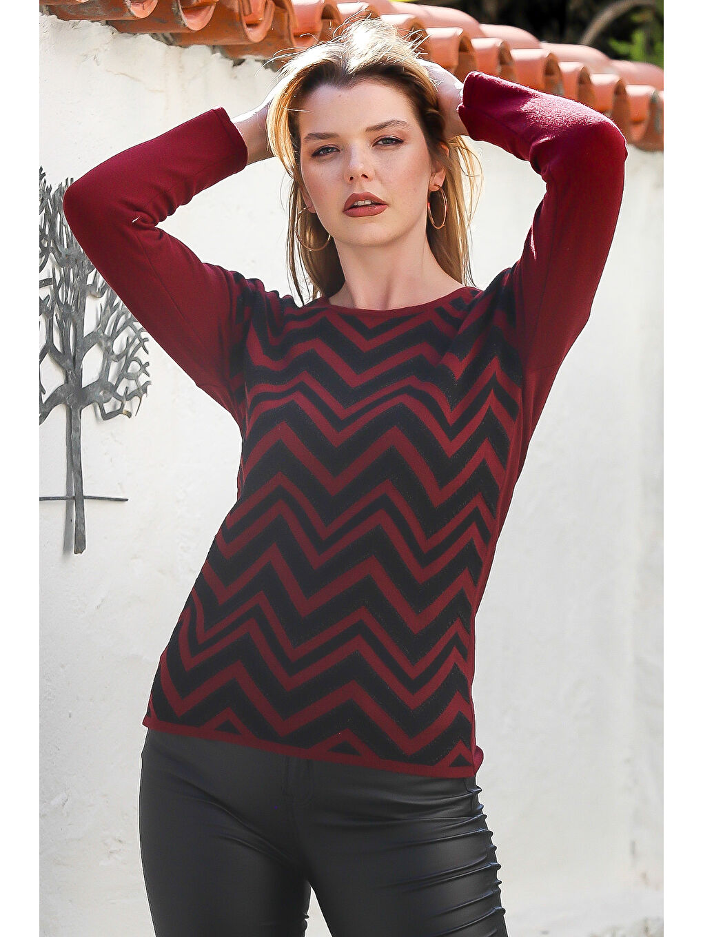 Bordo Kayık Yaka Uzun Kol Zigzag Desenli Casual Triko Kazak 65 60-2