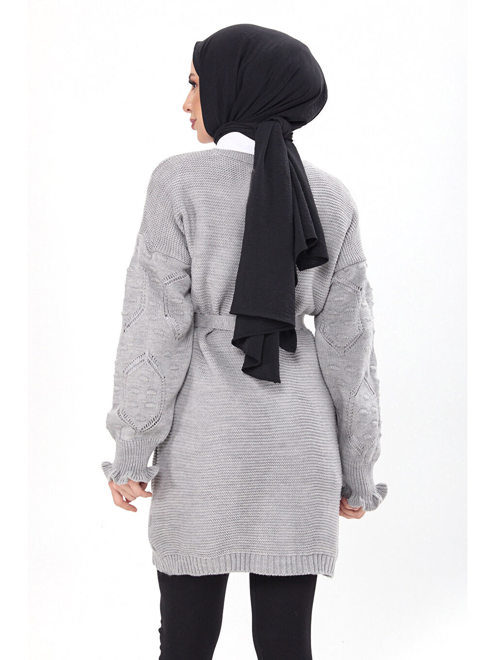 Kemerli Kolu İşlemeli Triko Hırka Gri - 27631-4