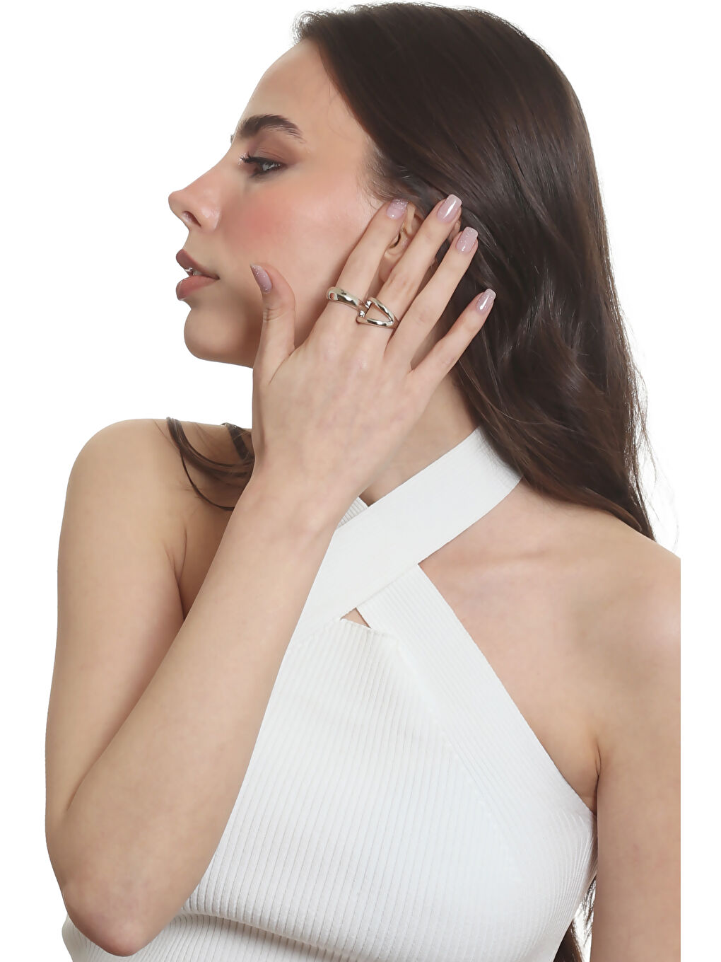 Gri Kadın İki Parmak Tasarım Yüzük-6