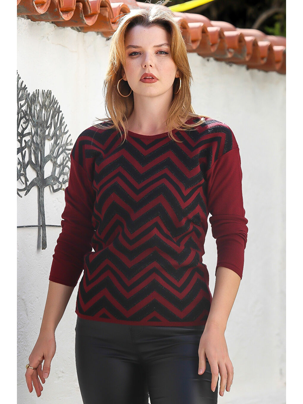 Bordo Kayık Yaka Uzun Kol Zigzag Desenli Casual Triko Kazak 65 60-5