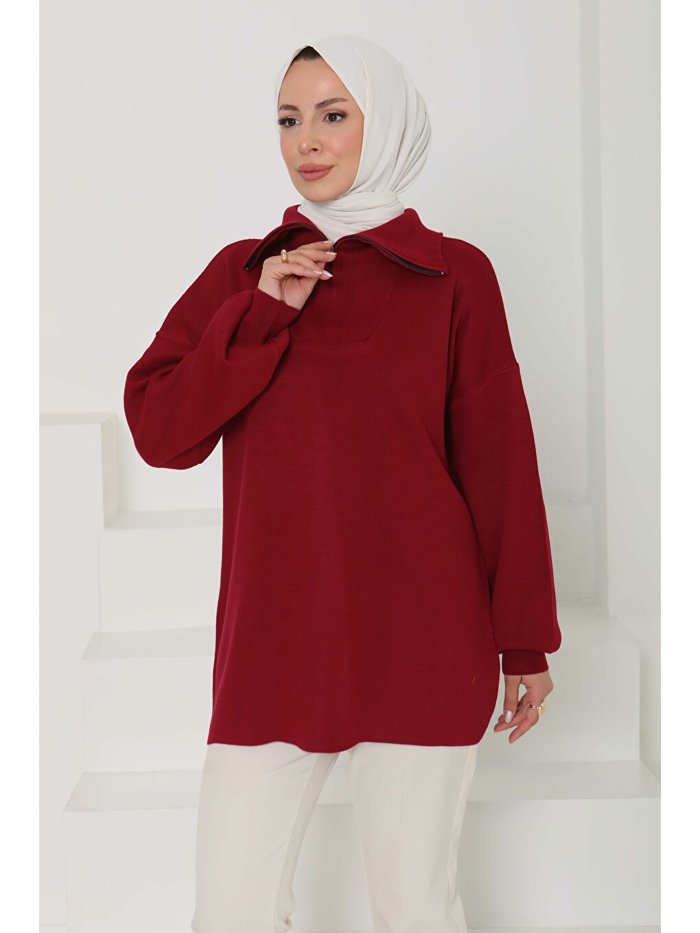 Fermuarlı Triko Uzun Kazak Bordo - 27627