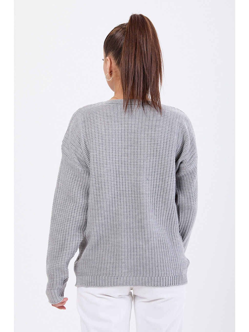 Kabarcıklı Düğmeli Triko Hırka Gri - 27658-4