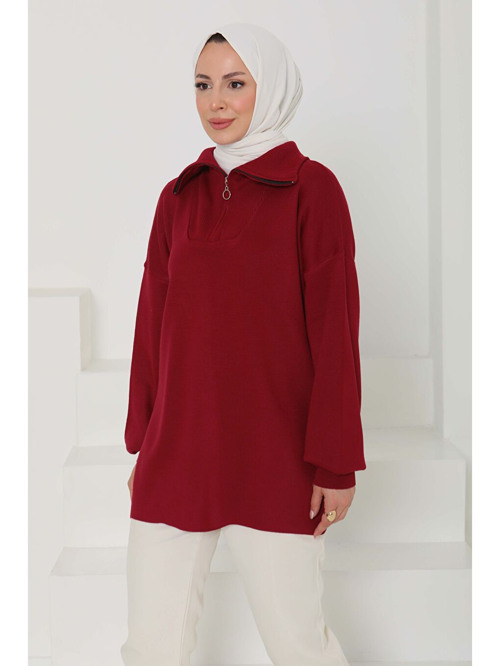 Fermuarlı Triko Uzun Kazak Bordo - 27627-1