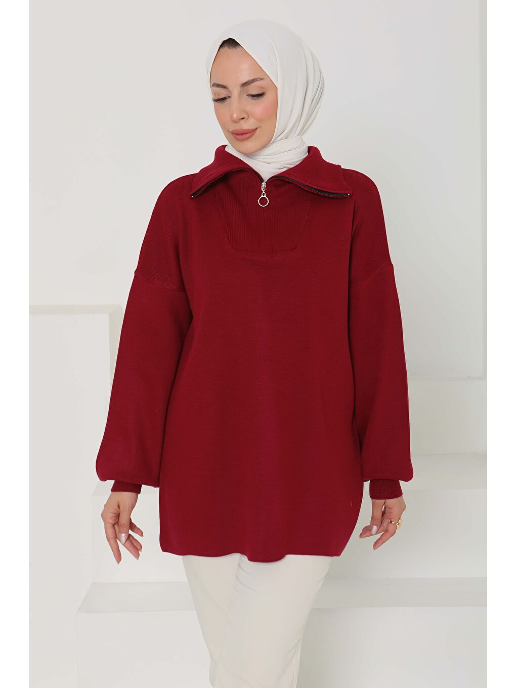 Fermuarlı Triko Uzun Kazak Bordo - 27627-2