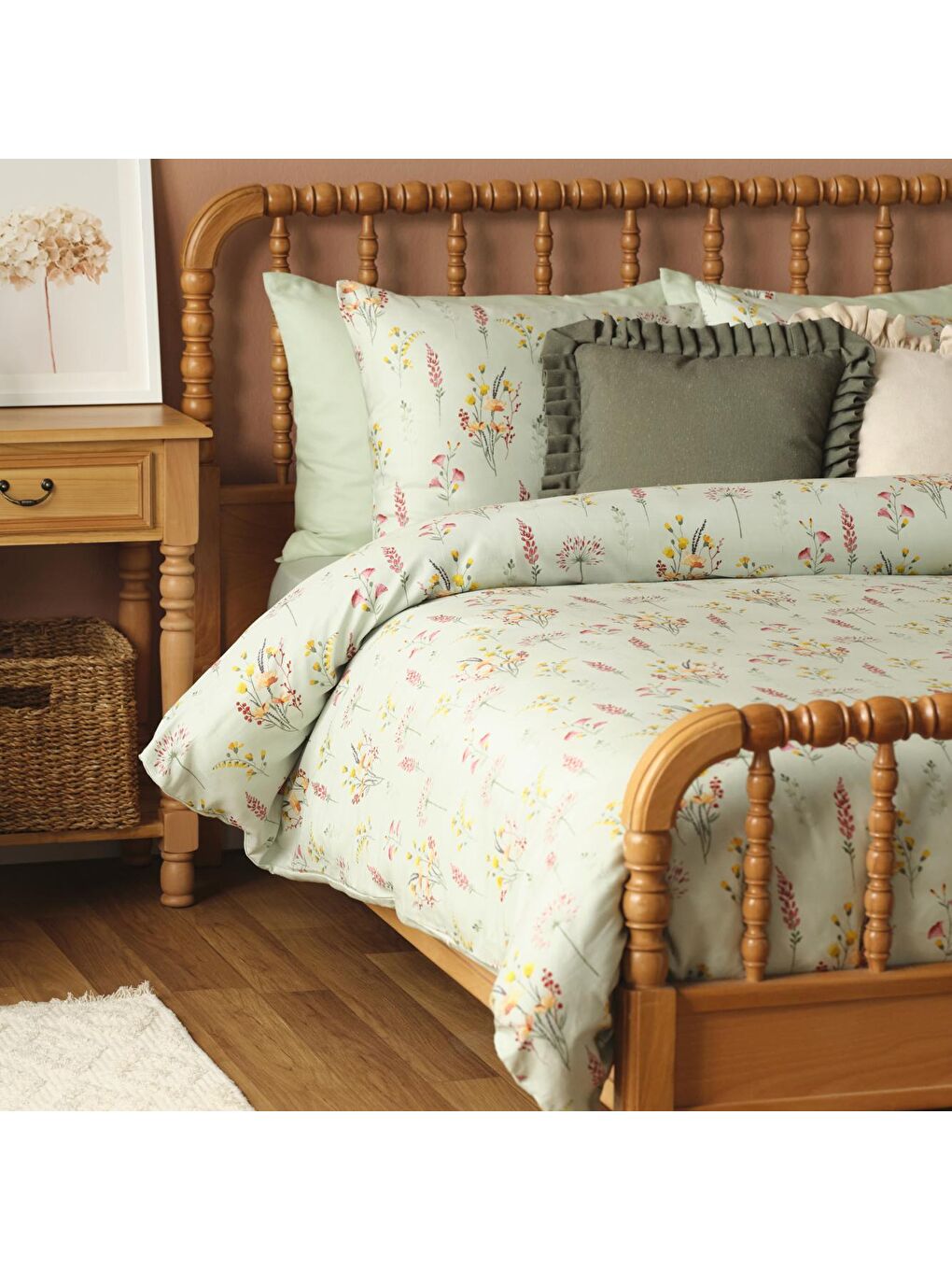 Beyaz %100 Pamuk Saten Flores Tek Kişilik Nevresim Seti Açık Yeşil-1