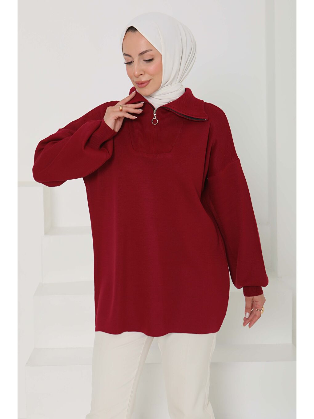 Fermuarlı Triko Uzun Kazak Bordo - 27627-4