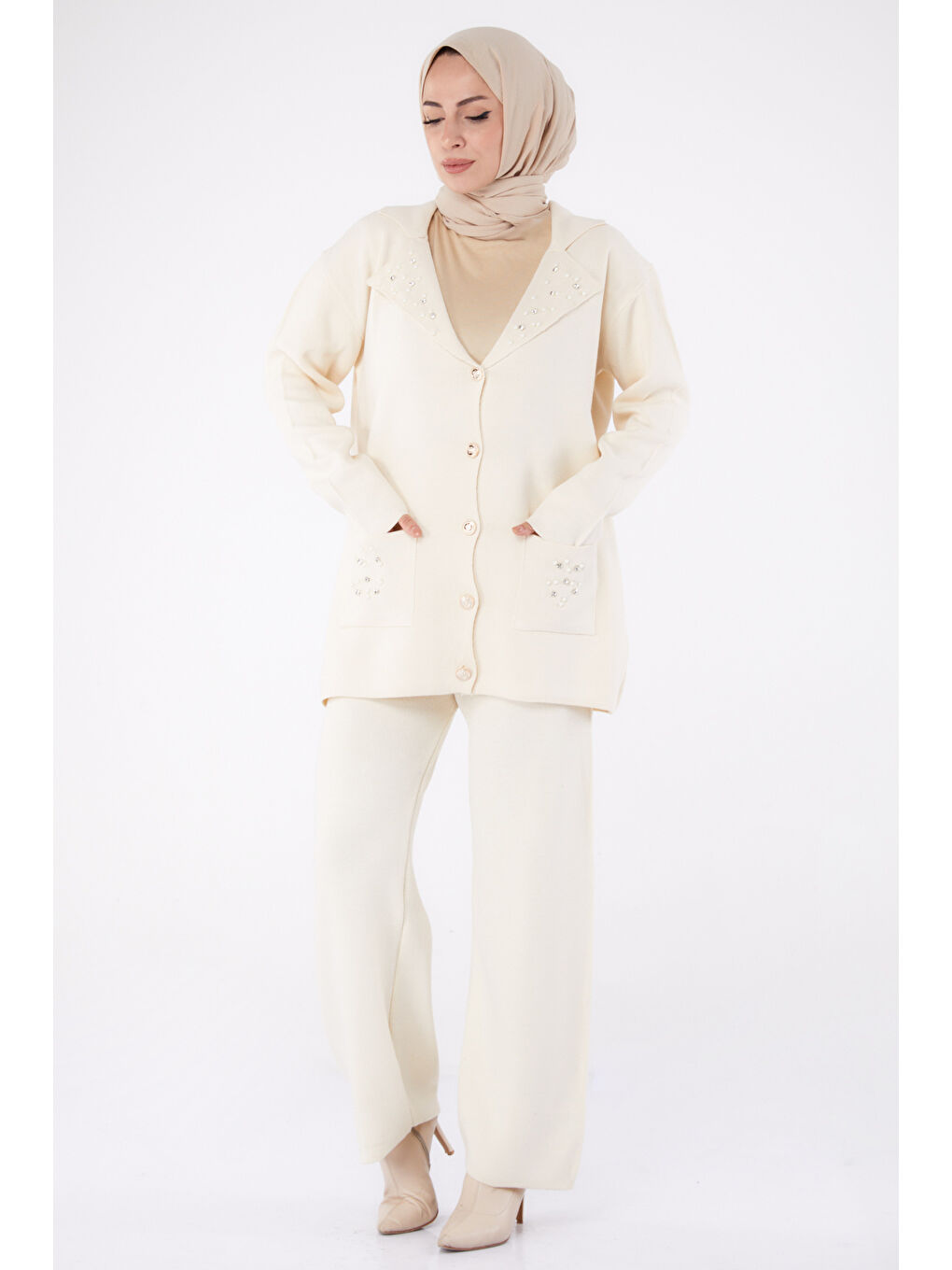 Çift Cepli İncili Triko Takım Ekru - 27647