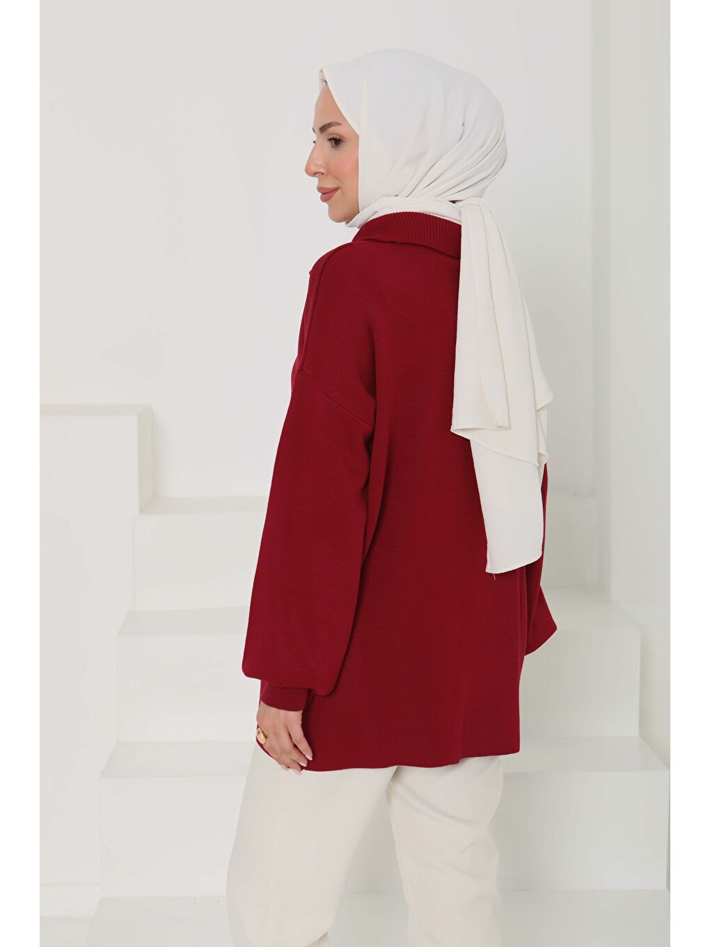 Fermuarlı Triko Uzun Kazak Bordo - 27627-5