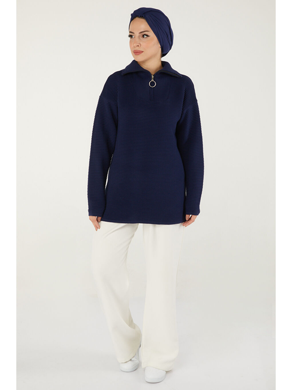 Fitili Fermuarlı Triko Kazak Lacivert - 27632-1