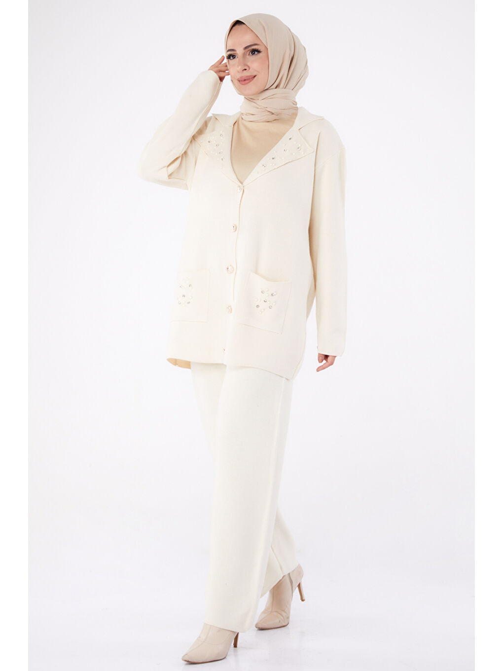 Çift Cepli İncili Triko Takım Ekru - 27647-1