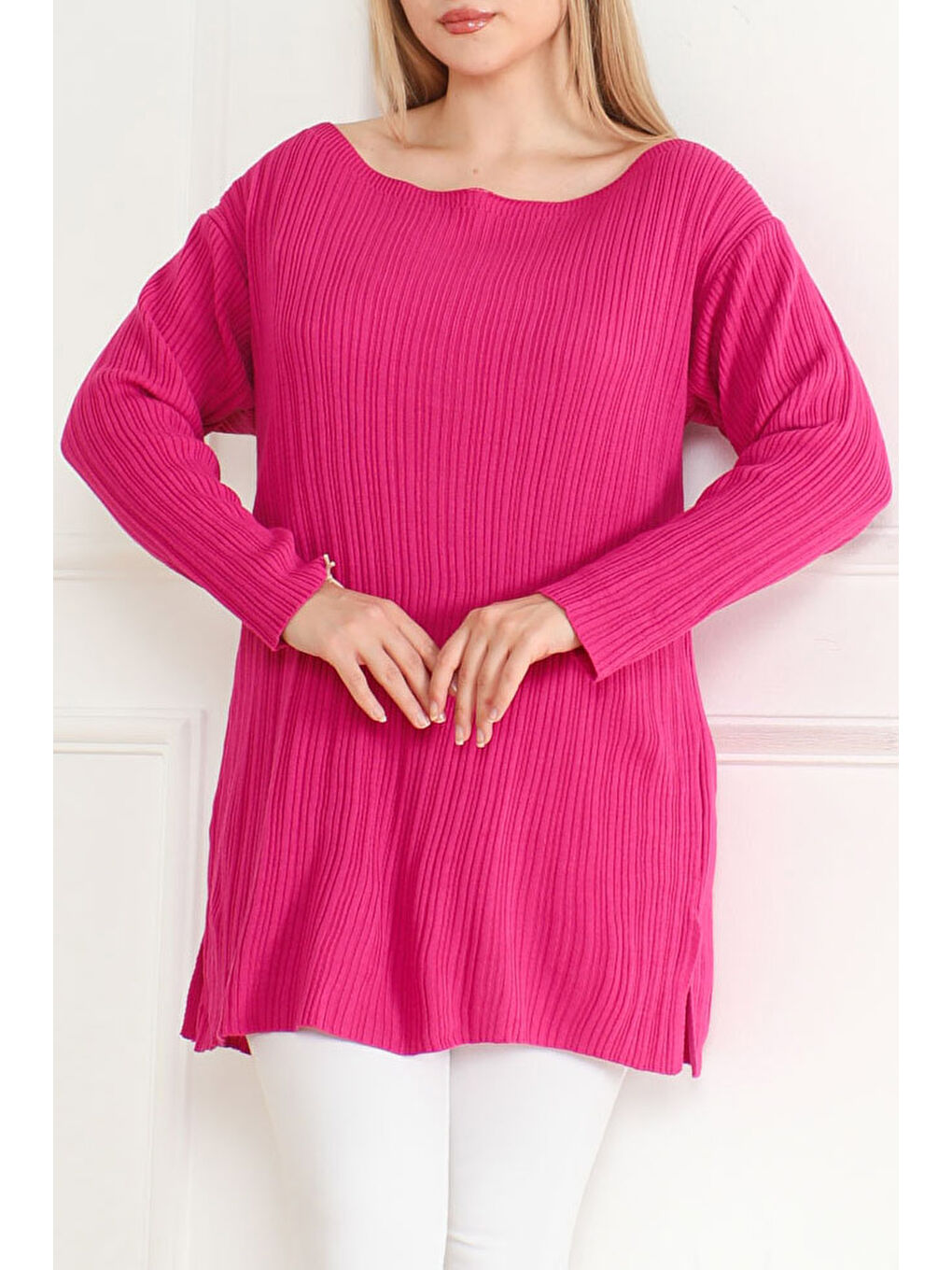 Fuşya Fitilli Açık Yaka Triko Kazak Fusya - 27663