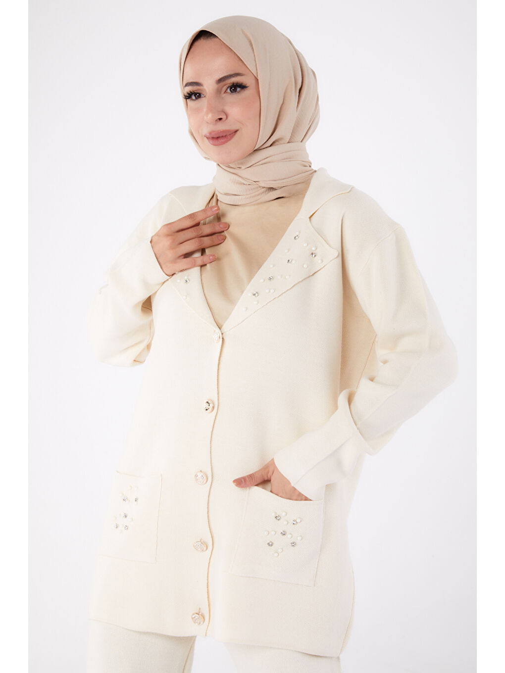 Çift Cepli İncili Triko Takım Ekru - 27647-2