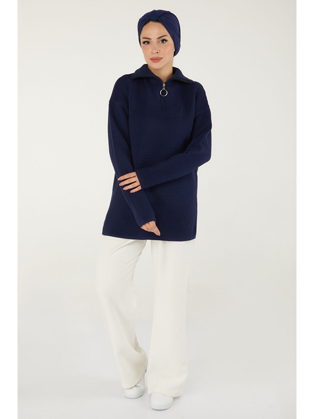Fitili Fermuarlı Triko Kazak Lacivert - 27632-2