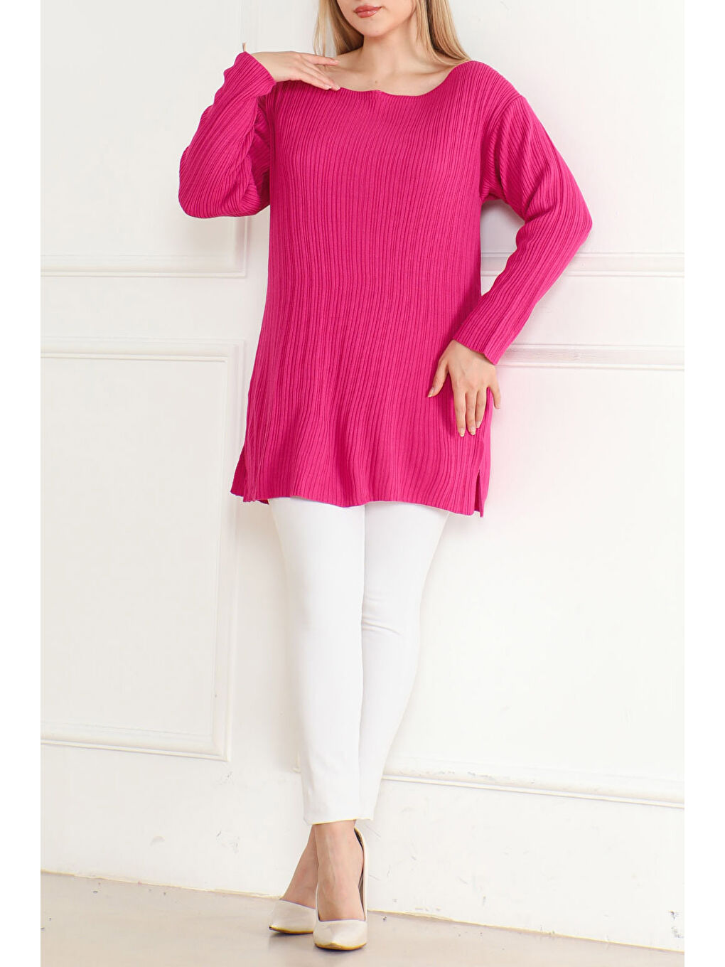 Fuşya Fitilli Açık Yaka Triko Kazak Fusya - 27663-1