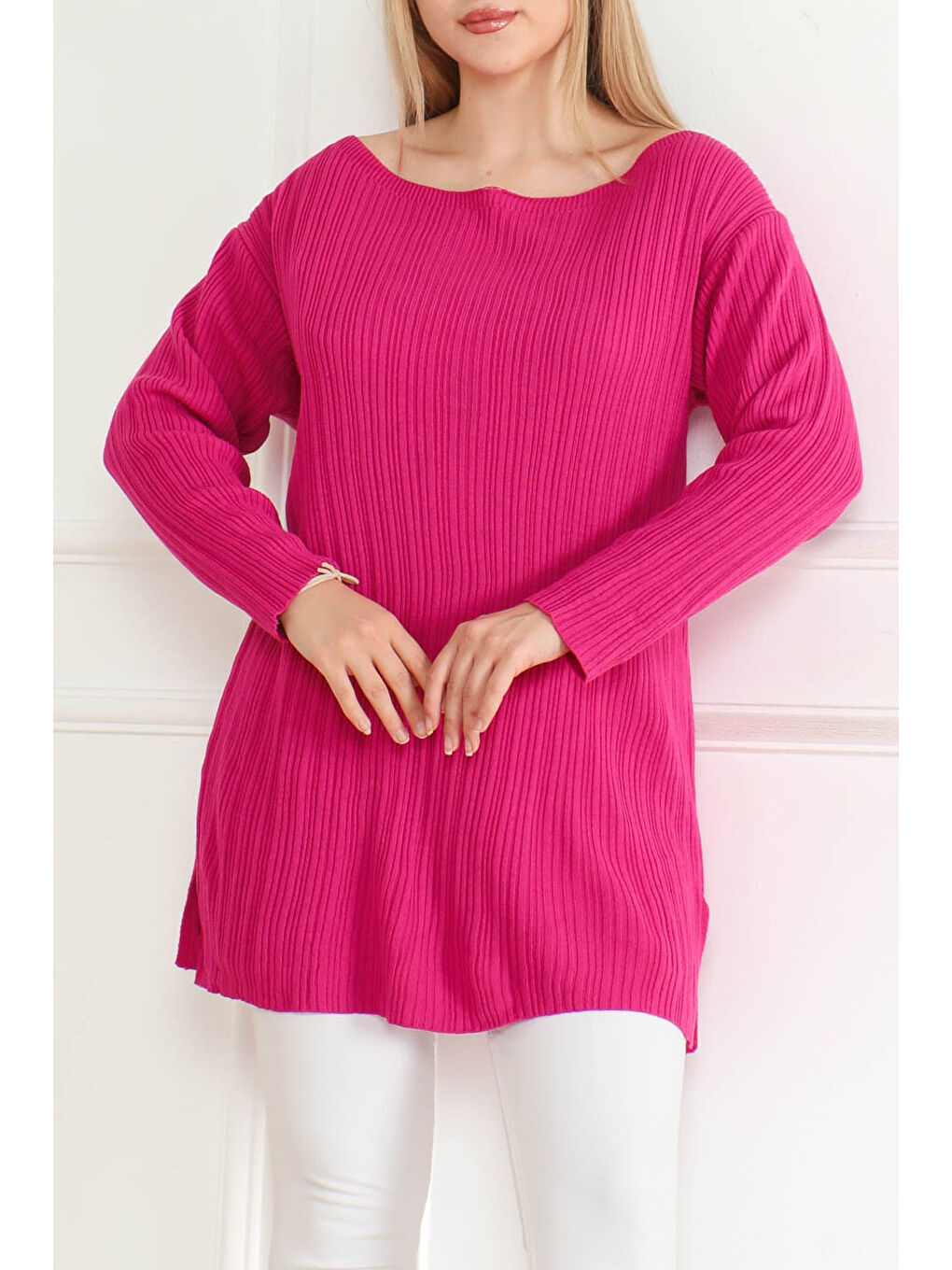 Fuşya Fitilli Açık Yaka Triko Kazak Fusya - 27663-2