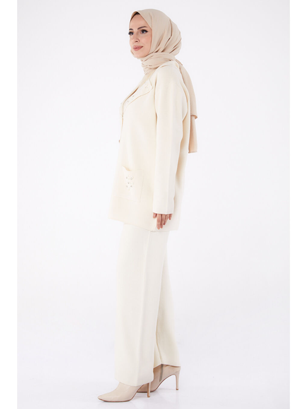 Çift Cepli İncili Triko Takım Ekru - 27647-3