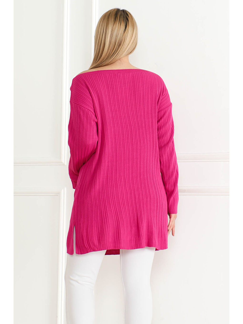 Fuşya Fitilli Açık Yaka Triko Kazak Fusya - 27663-3