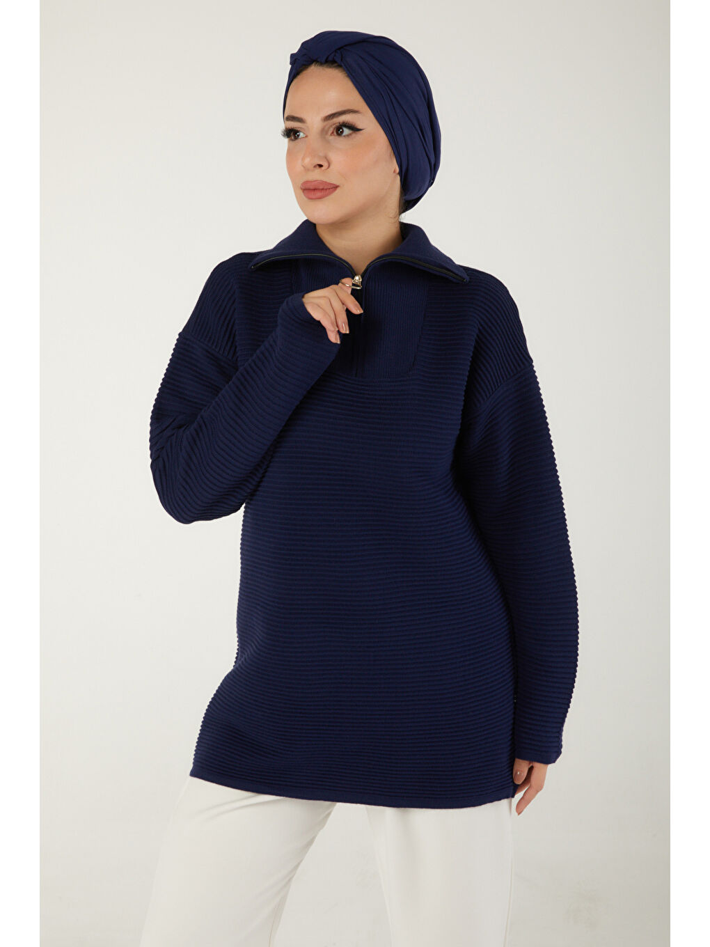 Fitili Fermuarlı Triko Kazak Lacivert - 27632-3