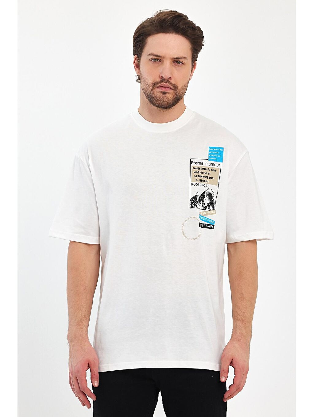 Beyaz Bisiklet Yaka Baskılı Erkek Tişört 7023