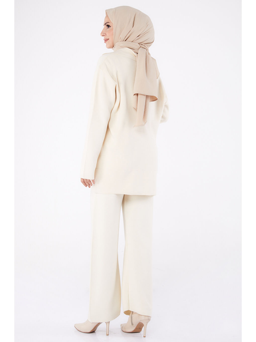 Çift Cepli İncili Triko Takım Ekru - 27647-4