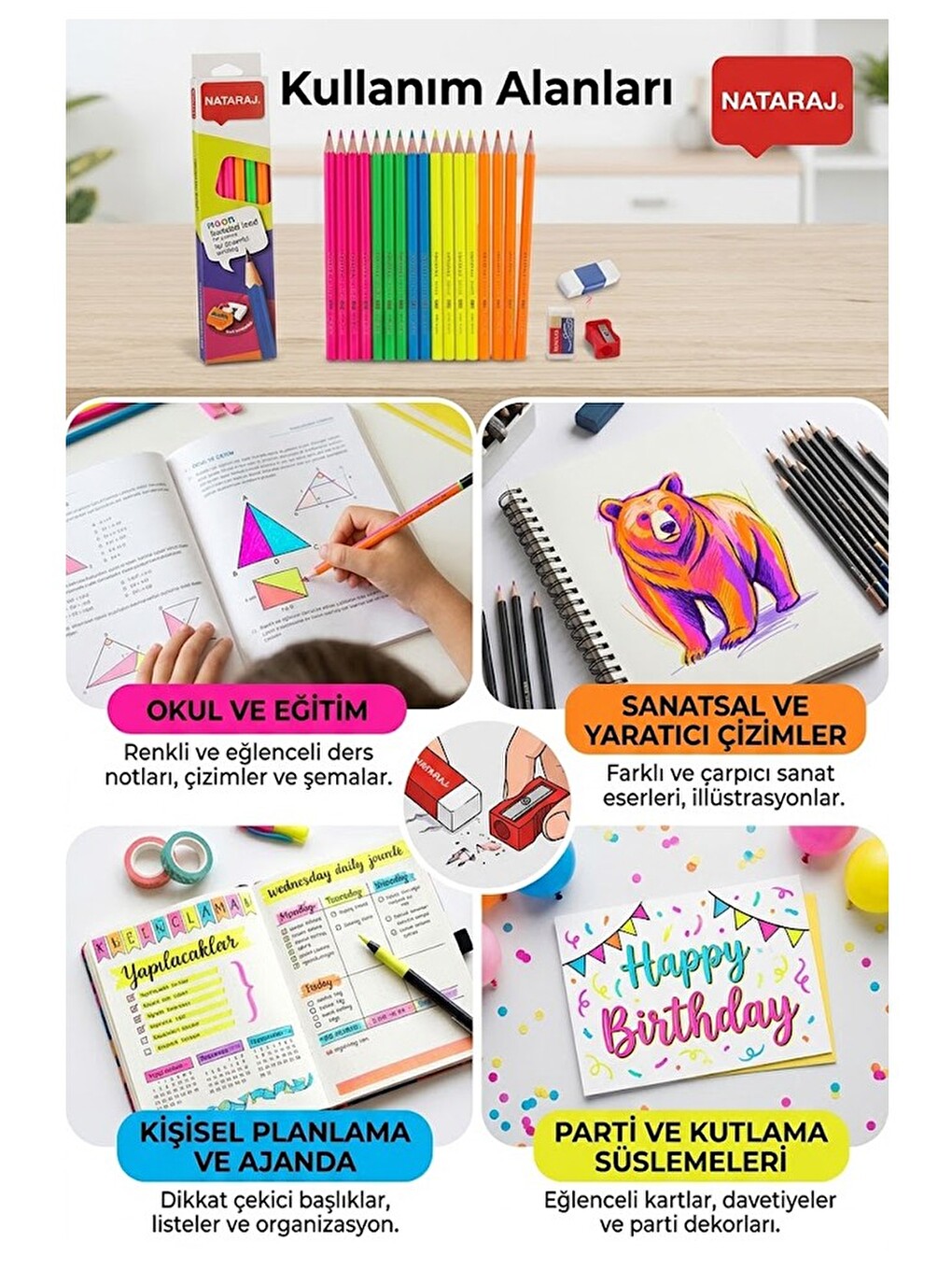 Kurşun Kalem Hb 1 Düzine Kalemtraş Silgi Hediyeli Nataraj Kurşun Kalem Neon Renk 1 Düzine-3