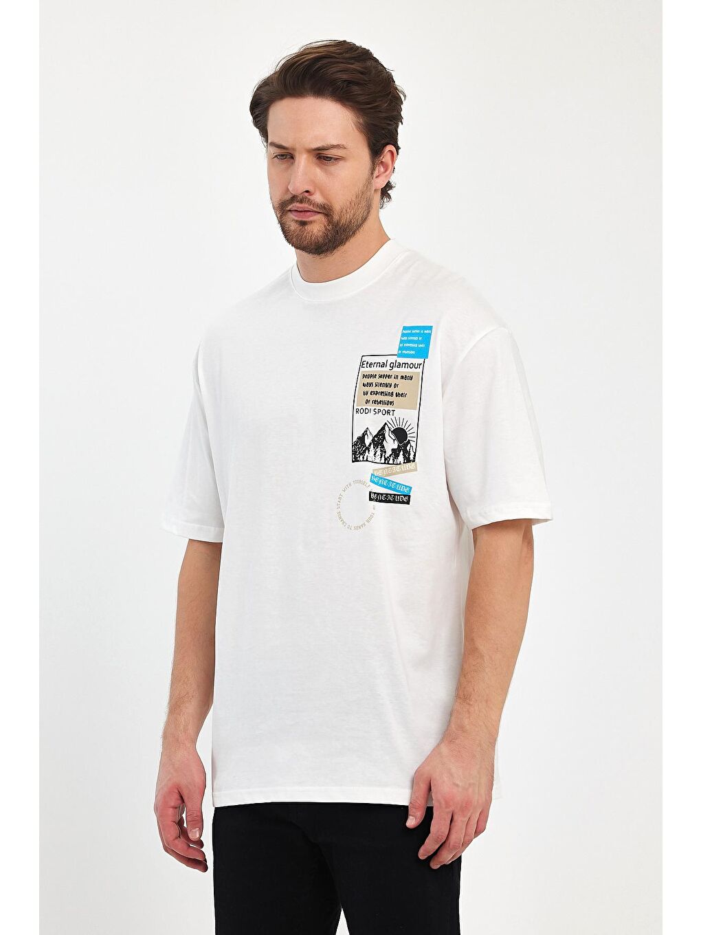 Beyaz Bisiklet Yaka Baskılı Erkek Tişört 7023-1