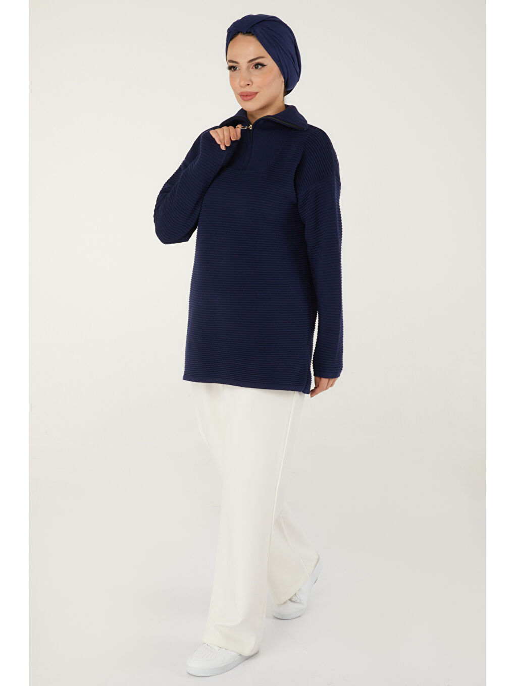 Fitili Fermuarlı Triko Kazak Lacivert - 27632-4