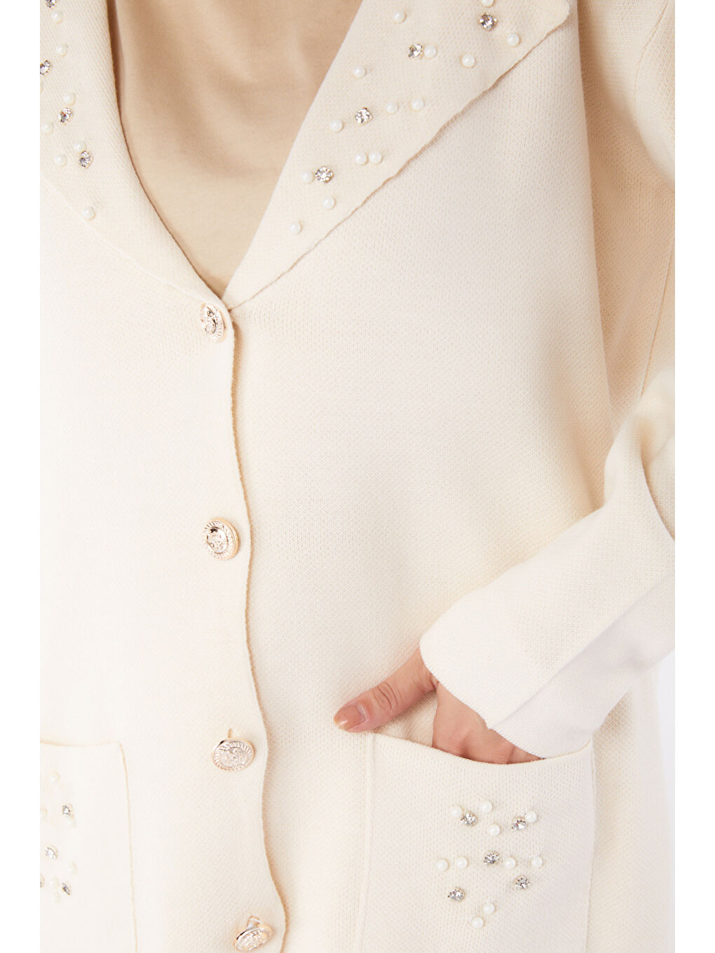 Çift Cepli İncili Triko Takım Ekru - 27647-5