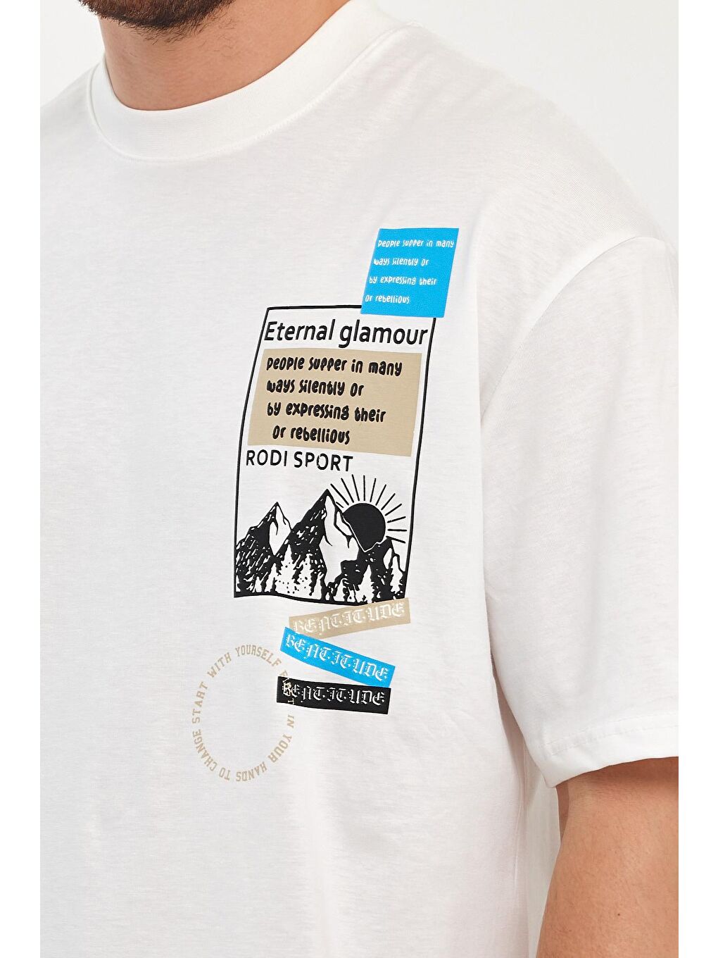 Beyaz Bisiklet Yaka Baskılı Erkek Tişört 7023-2