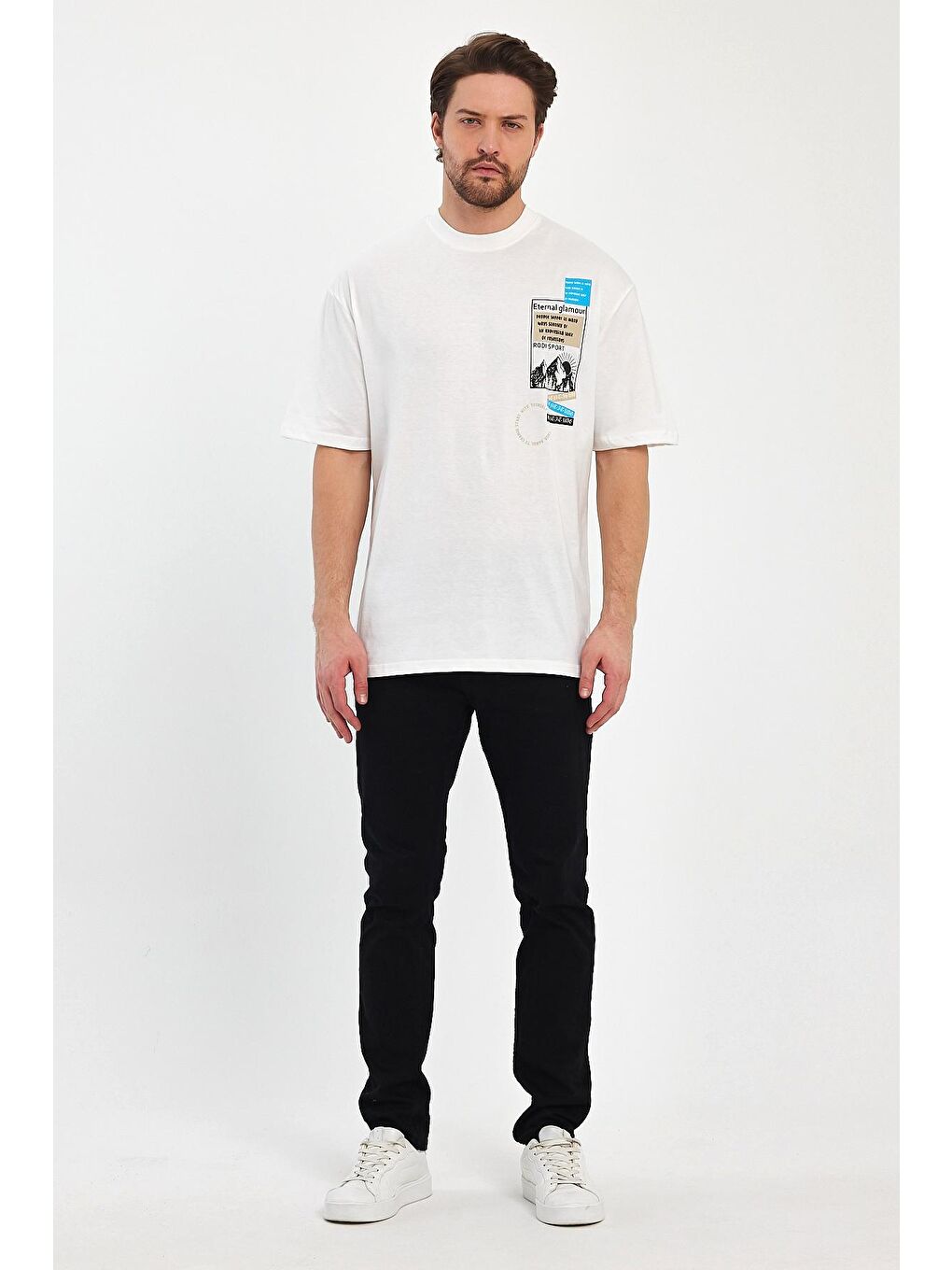 Beyaz Bisiklet Yaka Baskılı Erkek Tişört 7023-4