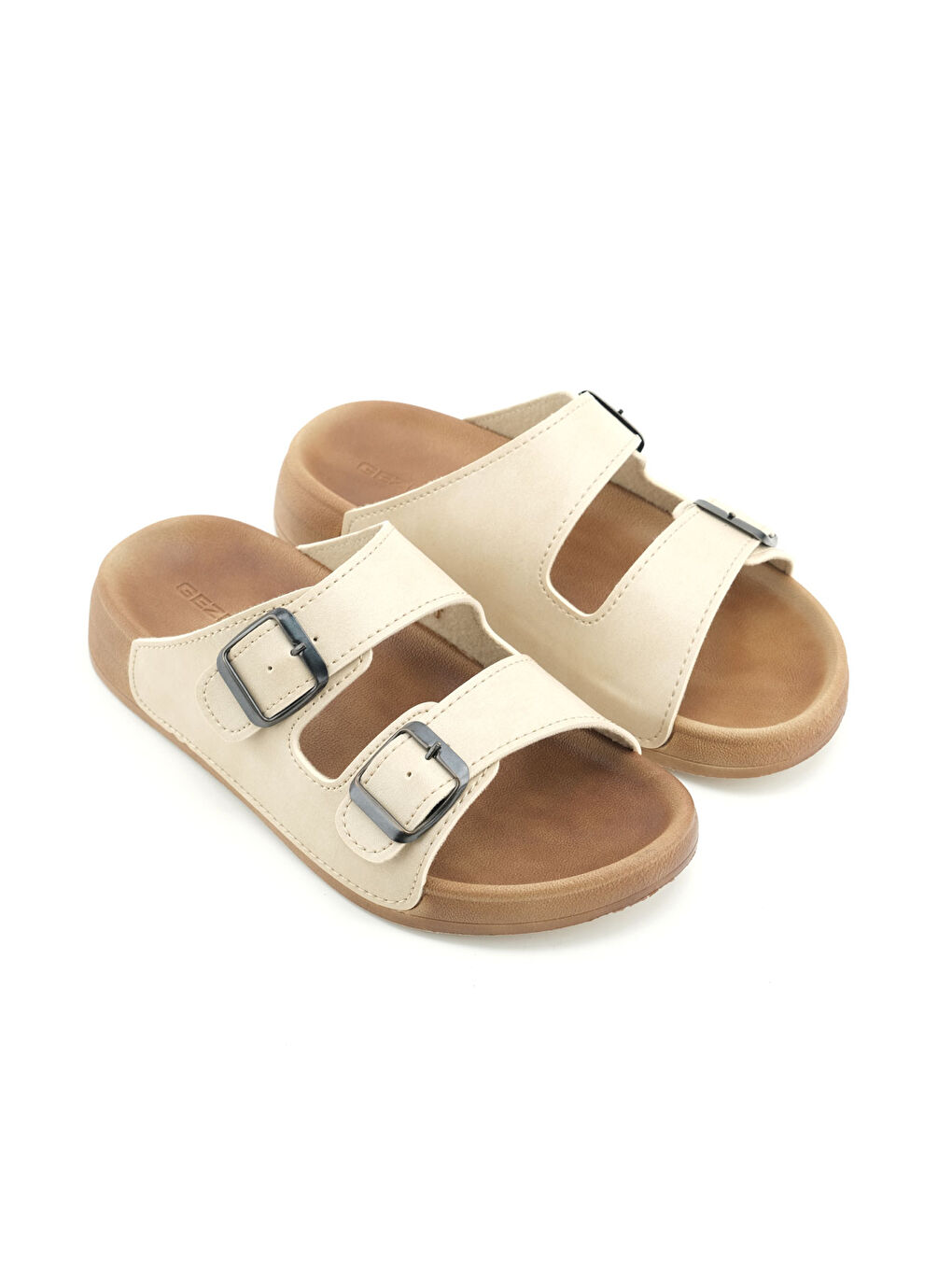 Ekru Kadın Yazlık Suni Deri İki Kemer Cırt Cırtlı Ayarlanabilir Rahat Taban Günlük Terlik-2