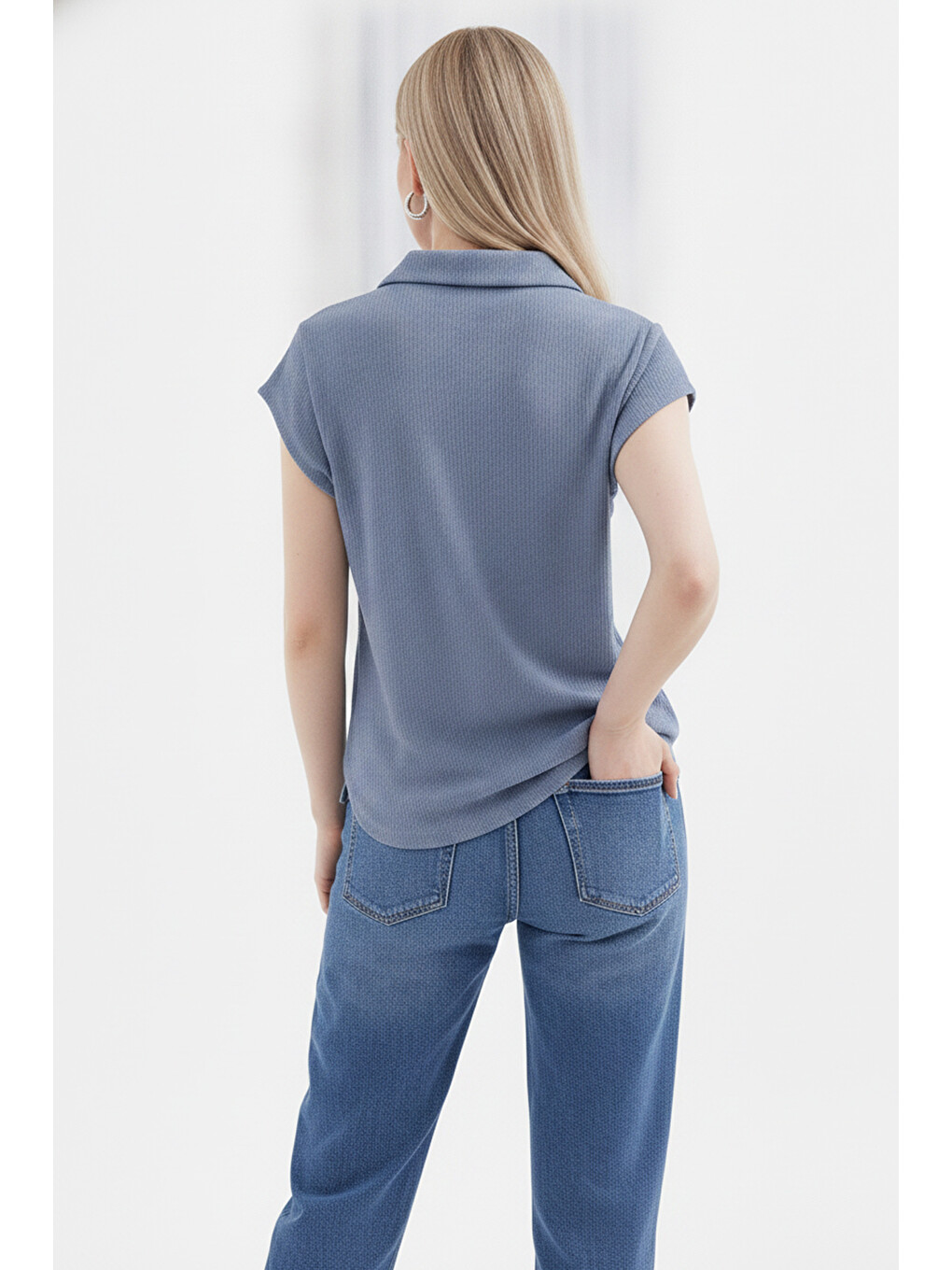 20123 Polo Yaka Örme Bluz - İndigo-2