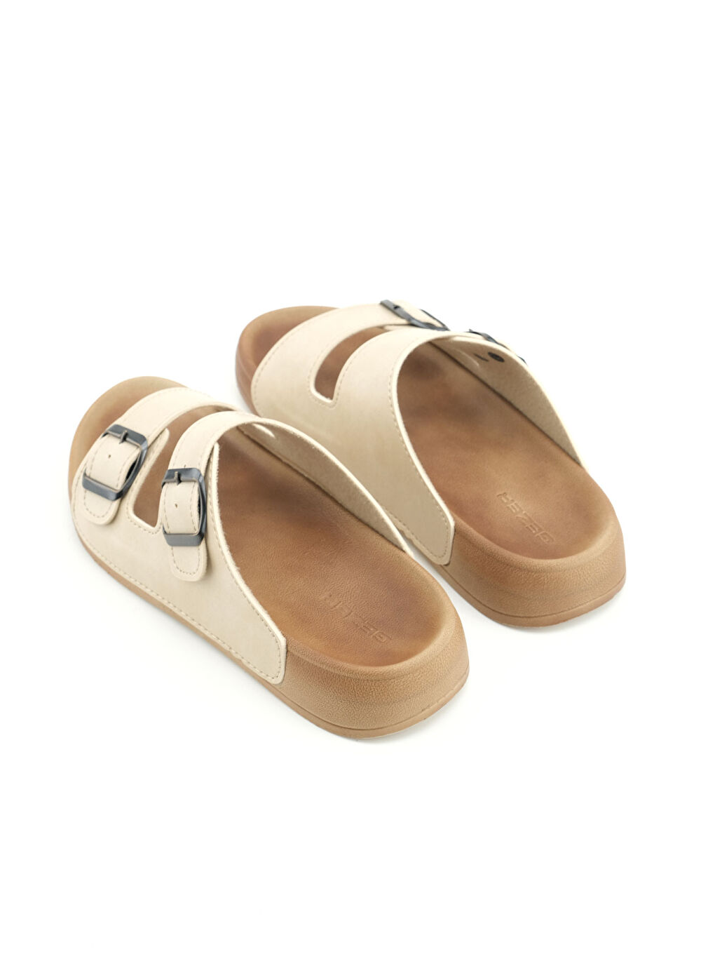 Ekru Kadın Yazlık Suni Deri İki Kemer Cırt Cırtlı Ayarlanabilir Rahat Taban Günlük Terlik-3