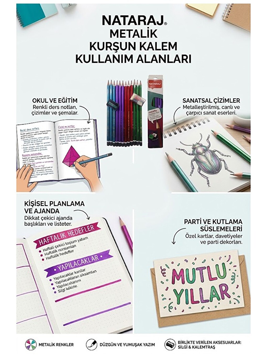 Kurşun Kalem Hb 1 Düzine Kalemtraş Silgi Hediyeli Nataraj Kurşun Kalem Metalik Renk 1 Düzine-3