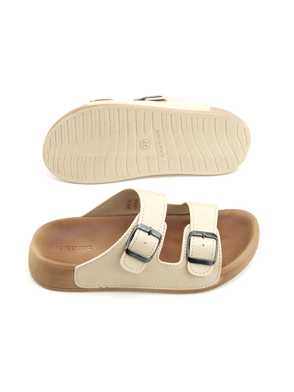 Ekru Kadın Yazlık Suni Deri İki Kemer Cırt Cırtlı Ayarlanabilir Rahat Taban Günlük Terlik-4
