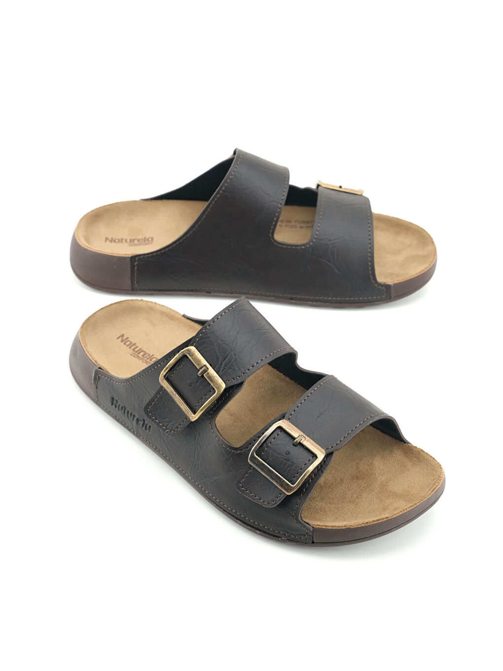 Kahverengi Naturela Comfort Erkek Yazlık Suni Deri Çift Toka Ayarlanabilir Rahat Taban Günlük Terlik