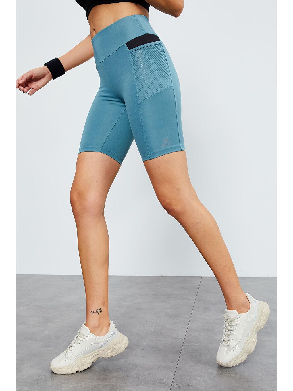 Mint Yeşili File Cepli Yüksek Bel Toparlayıcı Kadın Biker Tayt - 91010-1