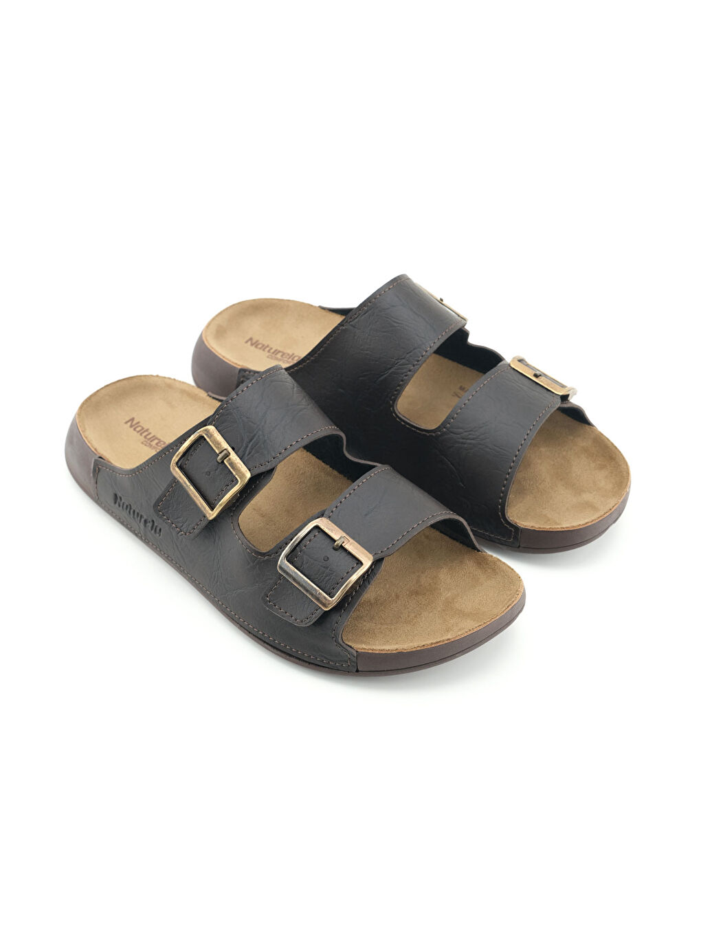 Kahverengi Naturela Comfort Erkek Yazlık Suni Deri Çift Toka Ayarlanabilir Rahat Taban Günlük Terlik-2